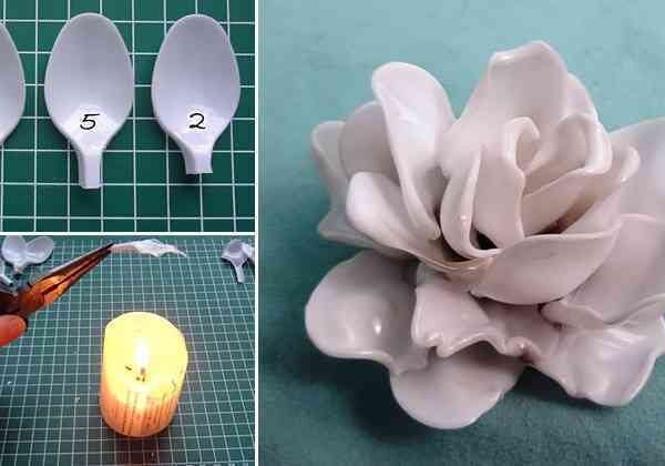 como hacer una flor de cucharas de plastico